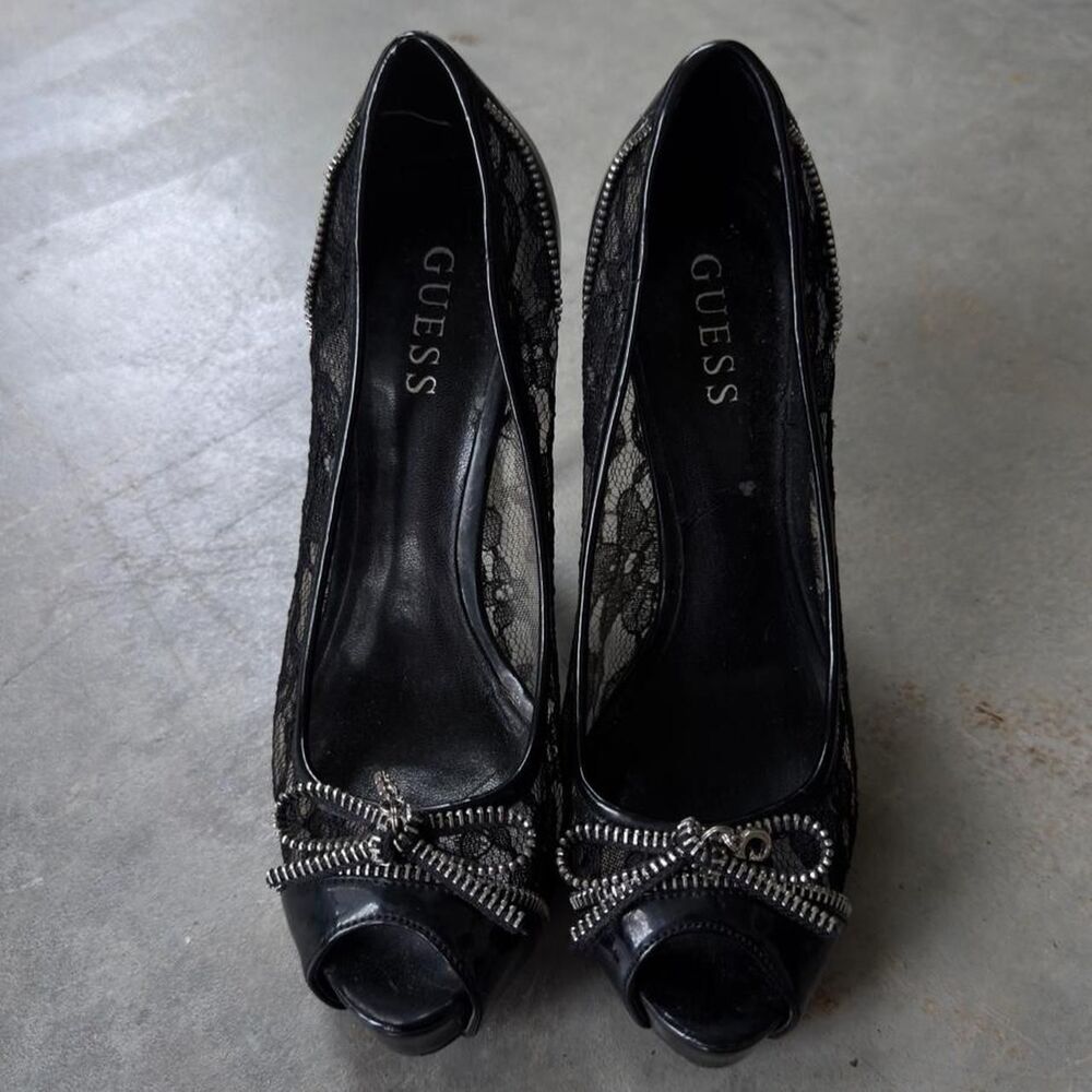 Guess black lace peep toe platform heels silver bow detail 7.5 - Picture 3 of 6